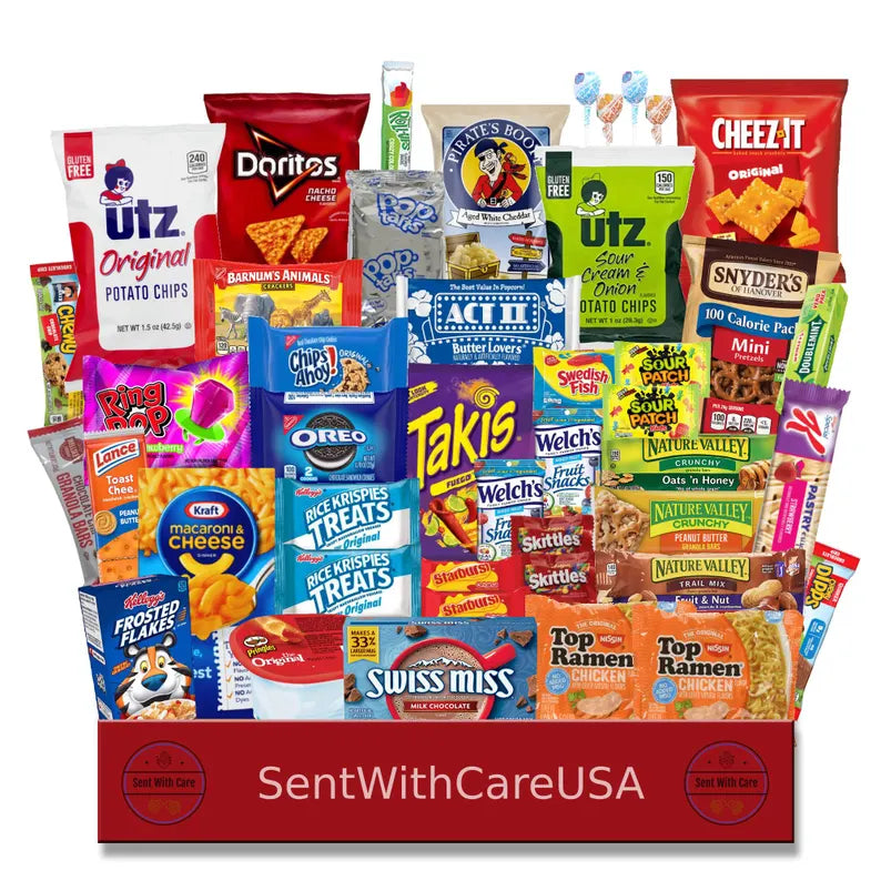 Snack Care Package & Snack Box | American Snack Box Candy Box | College Care Package For Her, For Him | College Snackbox Snack Gift Basket