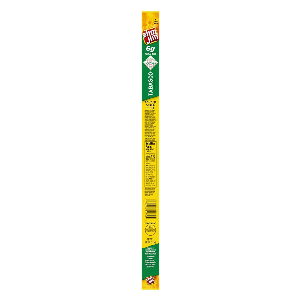 Slim Jim Giant Smoked Meat Sticks, Tabasco Flavor, 6g Protein Per Stick, 0.97 oz.