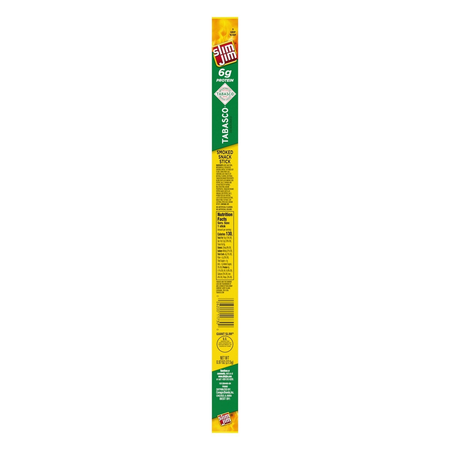 Slim Jim Giant Smoked Meat Sticks, Tabasco Flavor, 6g Protein Per Stick, 0.97 oz.