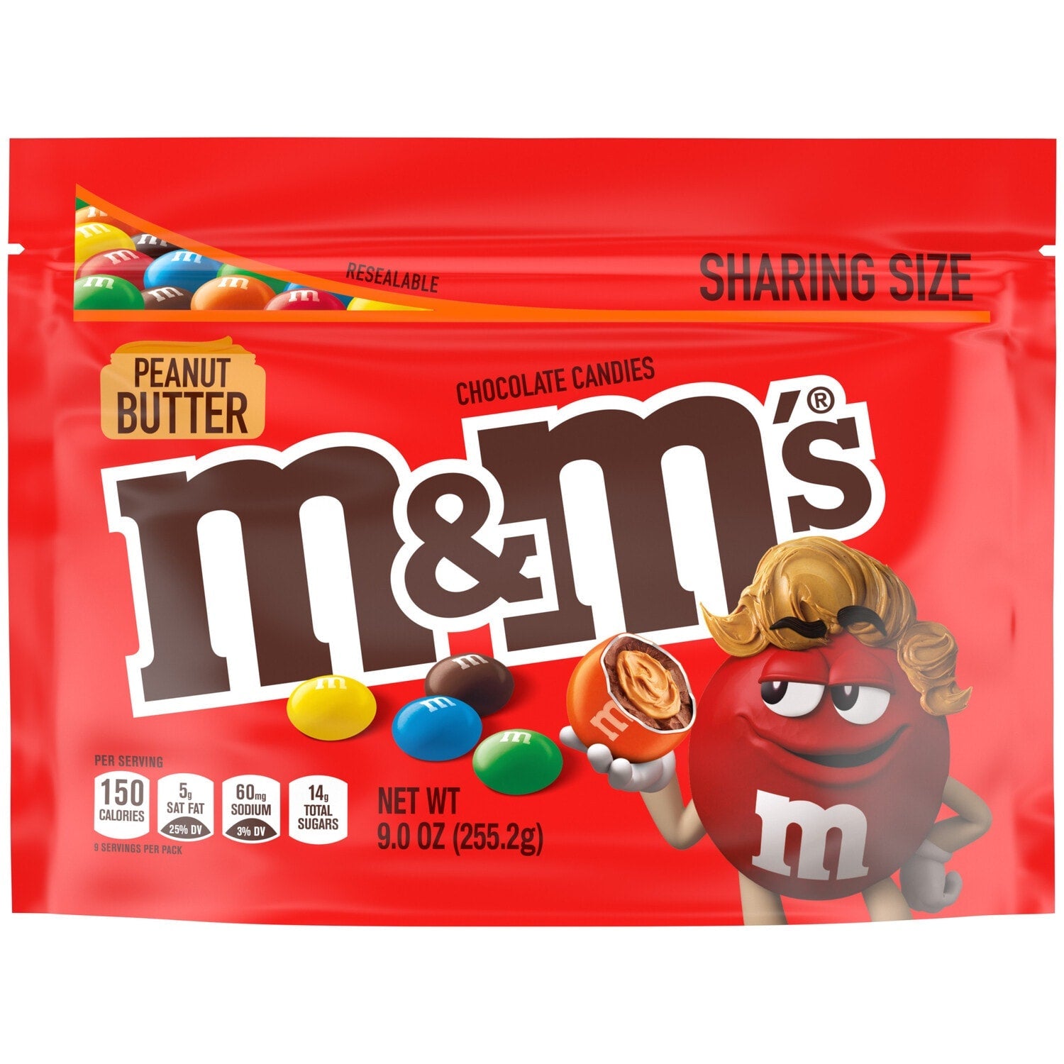 M&amp;M'S Peanut Butter Milk Chocolate Candy, Sharing Size, 9 oz Resealable Bag