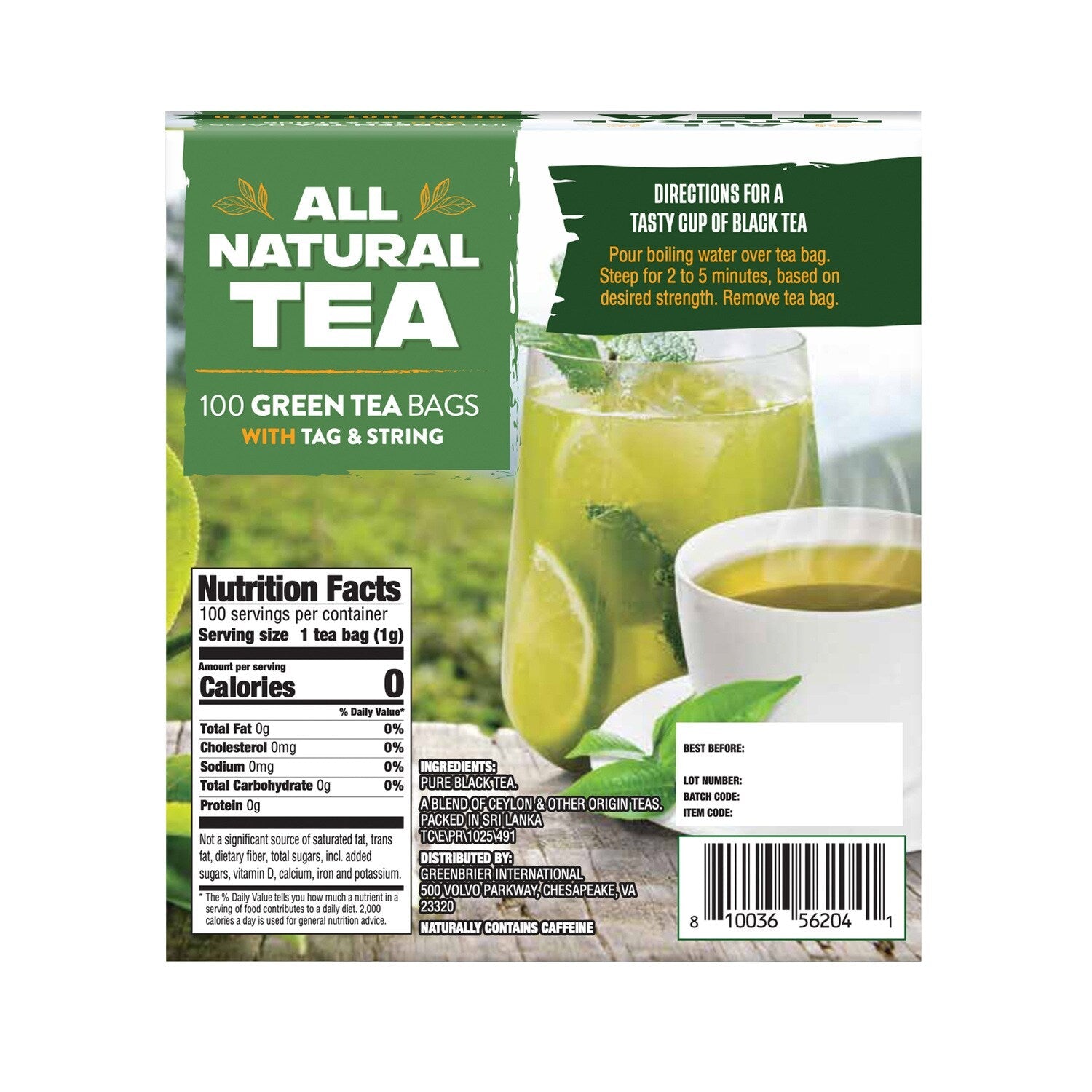 All Natural Green Tea Bags, 100-pc Pack.