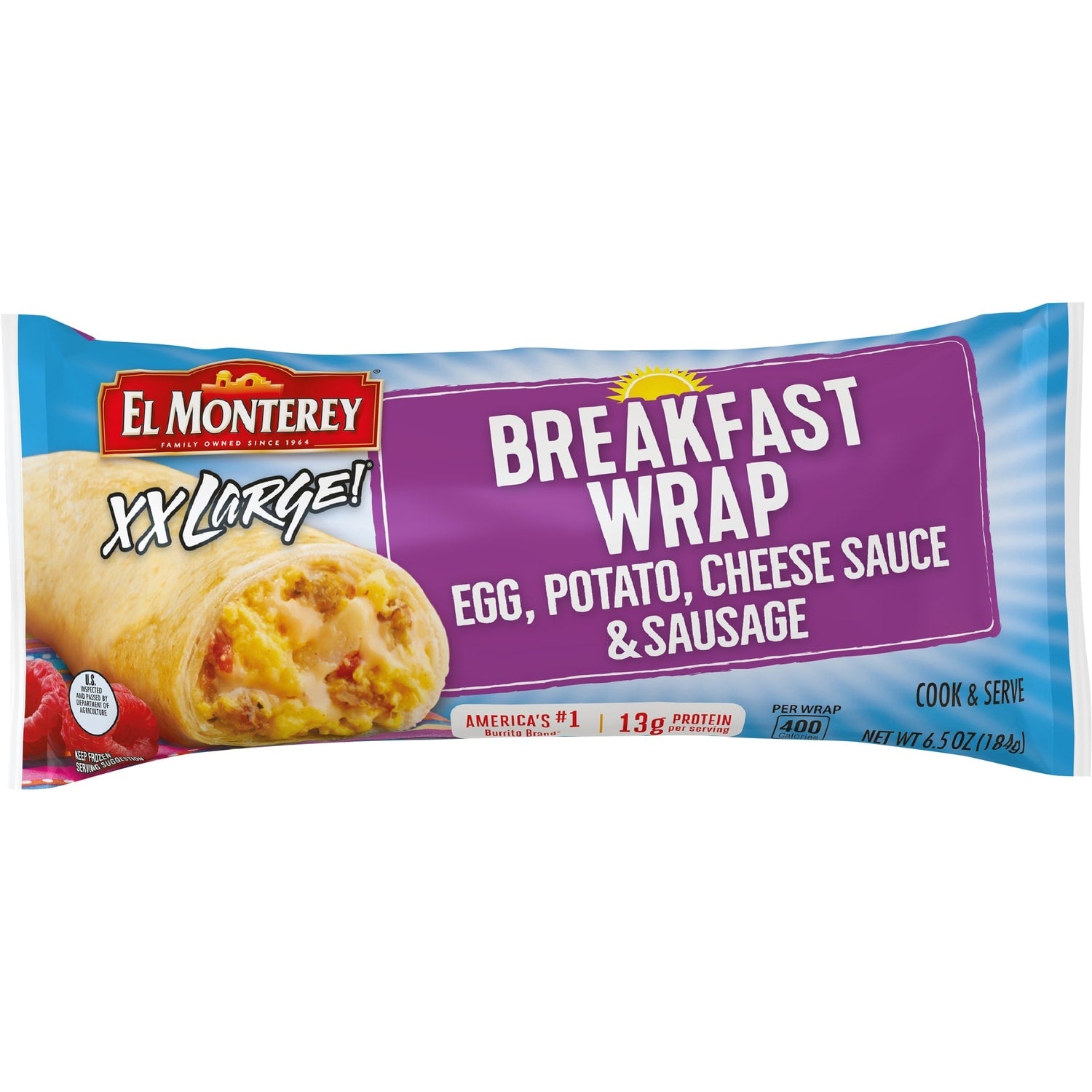 El Monterey XX Large Egg, Potato, Cheese Sauce &amp; Sausage Breakfast Wrap, 6.5 oz.