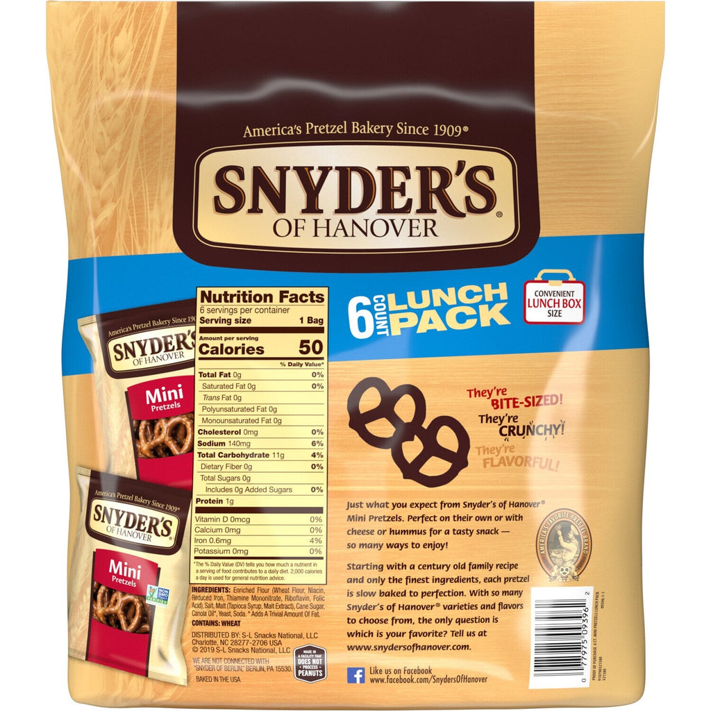 Snyder's of Hanover, Mini Pretzels, Lunch-Box Sized Snack Packs, 6 Pack