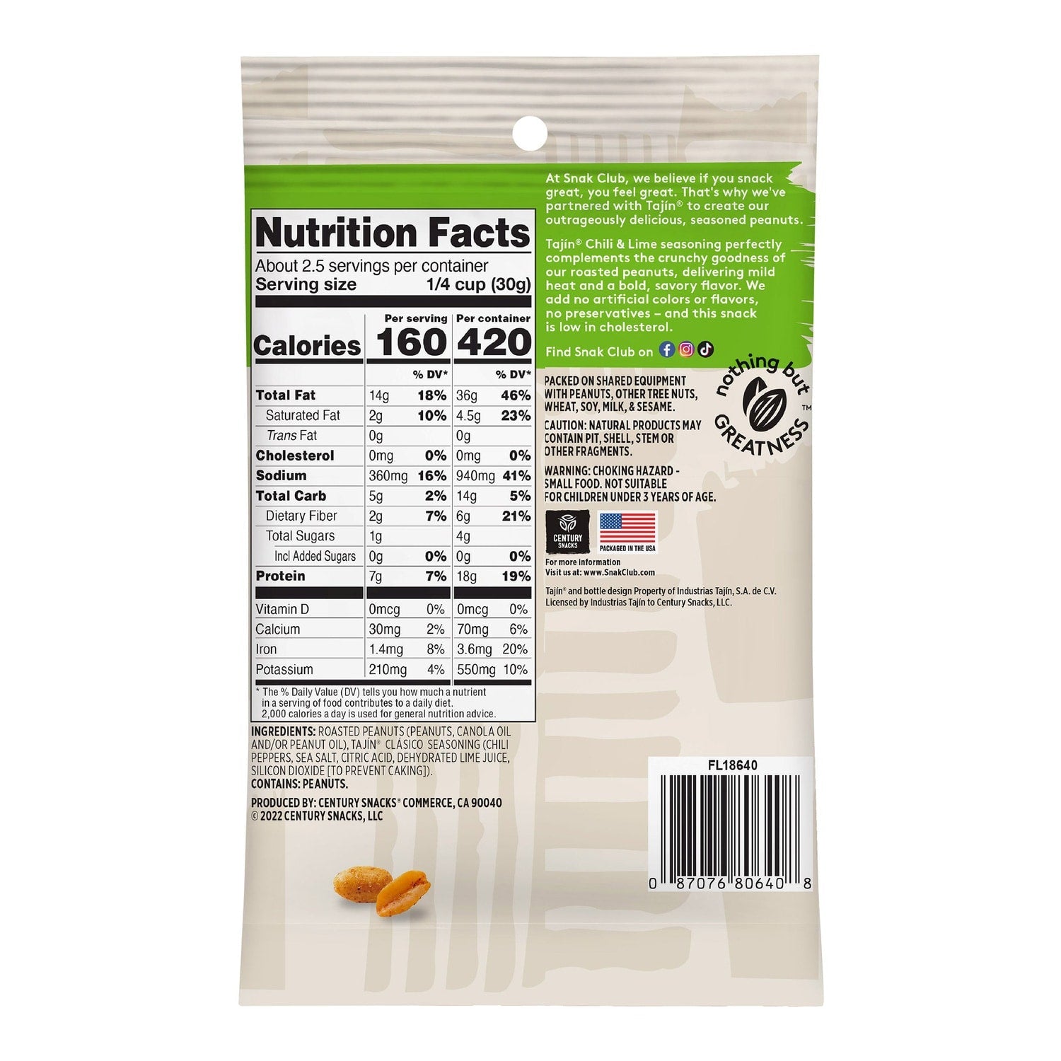 Snak Club Tajin Chili and Lime Peanuts, 1 ct.