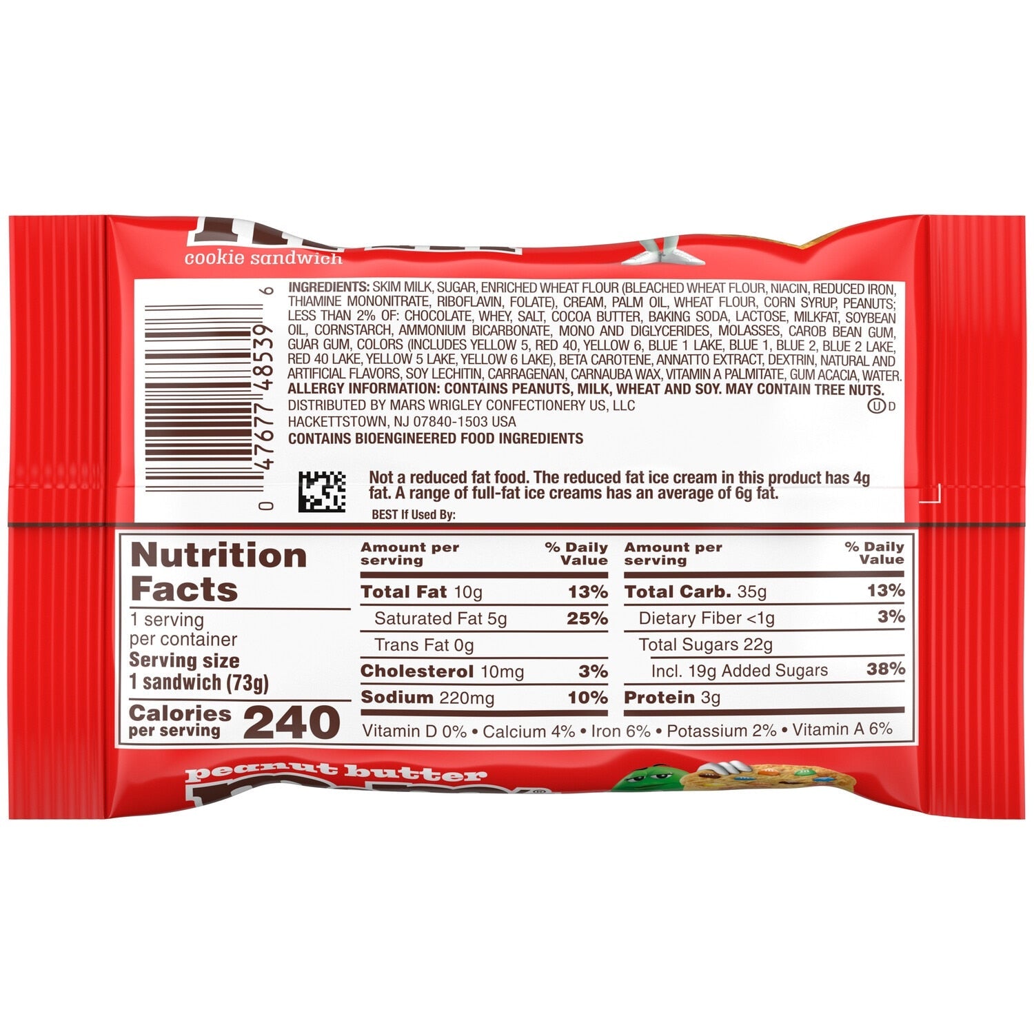 Mars M&amp;M'S Peanut Butter Ice Cream Sugar Cookie Sandwich Dessert, 3.5 Oz