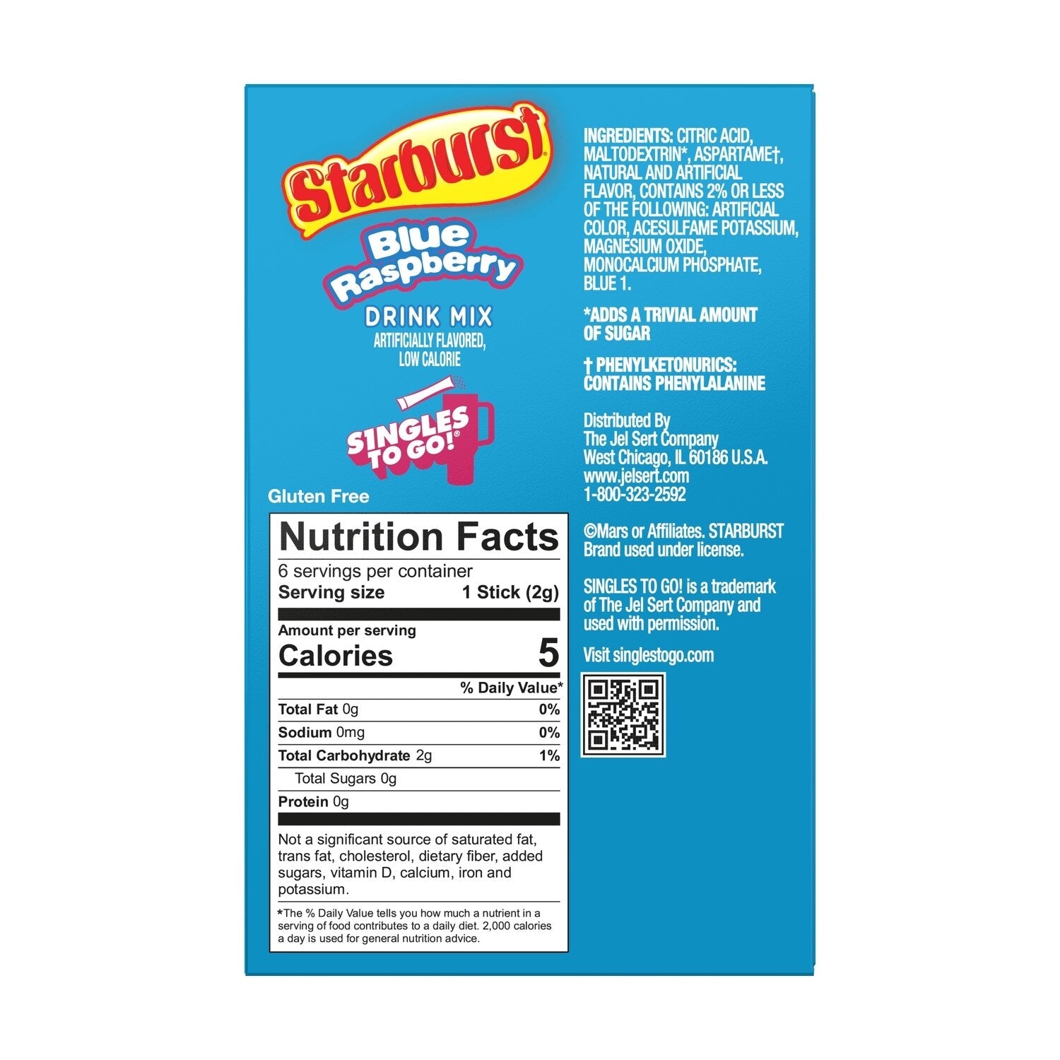 Starburst Blue Raspberry Zero Sugar Drink Mix, 6-pc Pack.