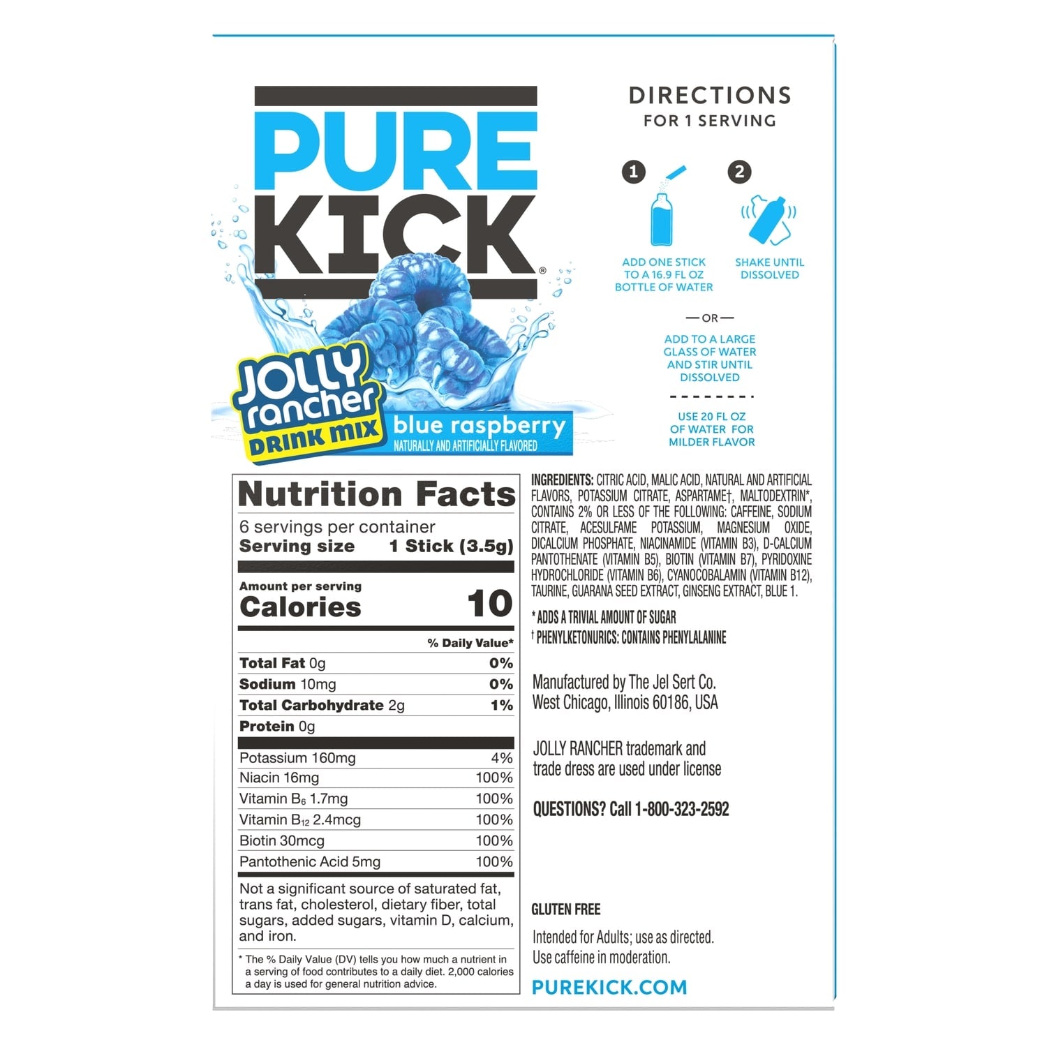Pure Kick Jolly Rancher Blue Raspberry-flavored Drink Mix, 6-pc Pack.