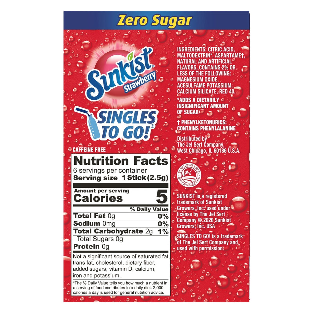 Sunkist Strawberry Zero Sugar Drink Mix, 6-pc Pack.