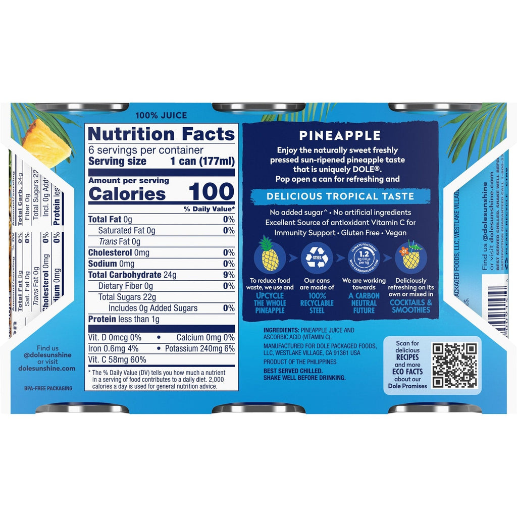 Dole Pineapple Juice Cans, 6 pk.
