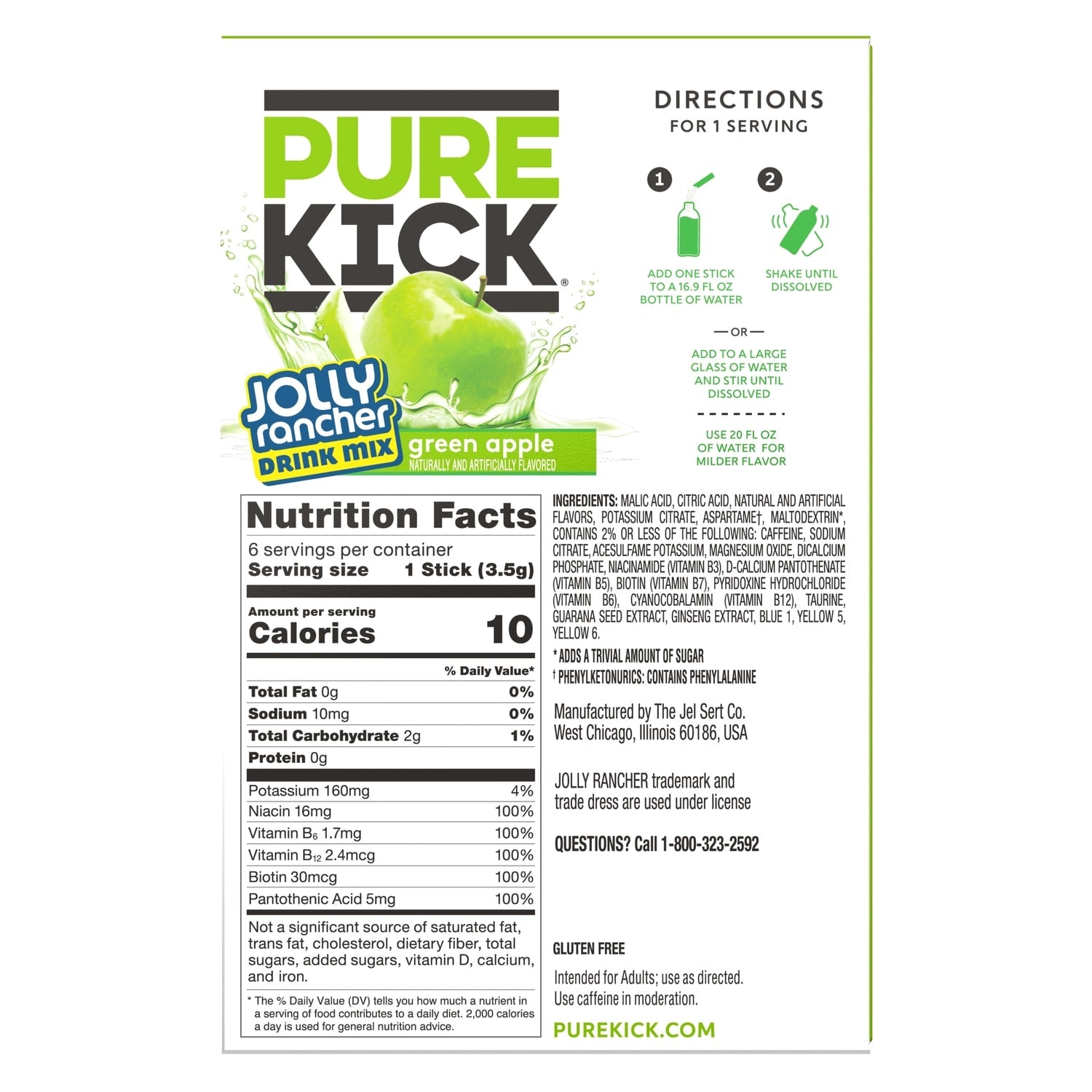 Pure Kick Jolly Rancher Green Apple-flavored Drink Mix, 6-pc Pack.