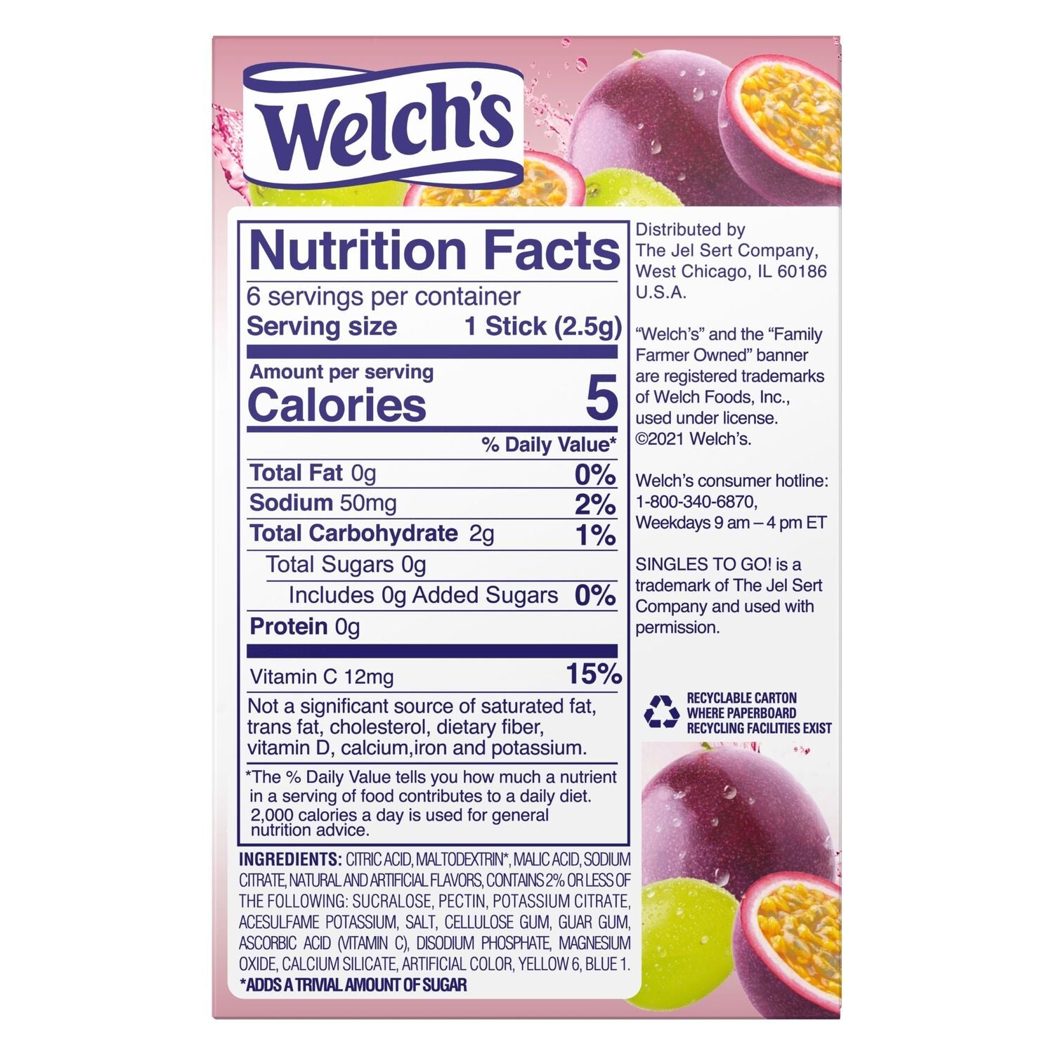 Welch's Passion Fruit Singles To-Go Low-Calorie Drink Mix, 6 ct.