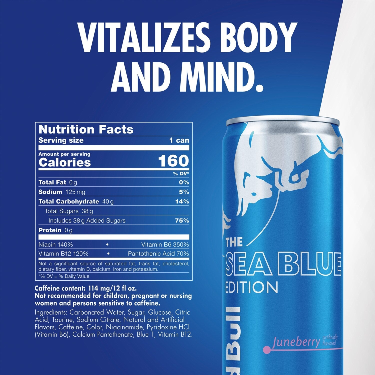 Red Bull Sea Blue Edition Energy Drink, Juneberry, 114mg Caffeine, 12 fl oz Can