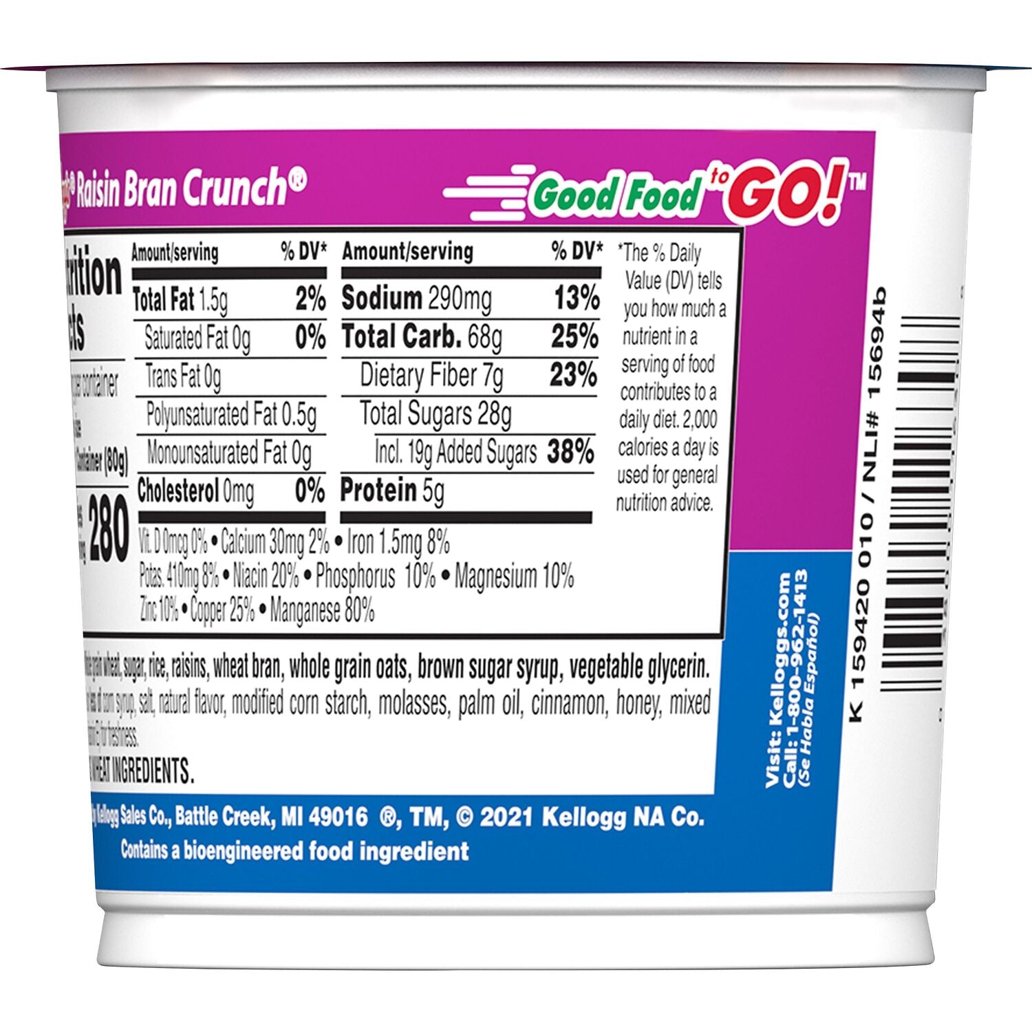 Kellogg's Raisin Bran Crunch Breakfast Cereal Cups Original, 1-ct.