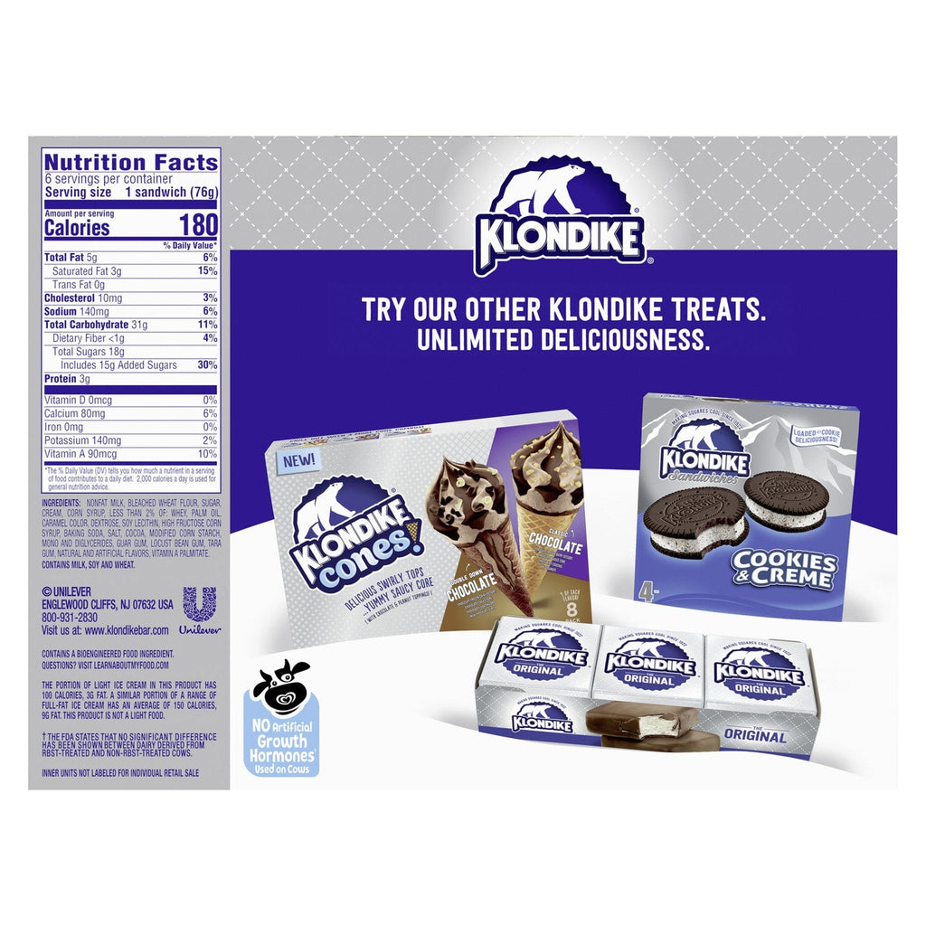 Klondike Vanilla Ice Cream Sandwiches, 6-pc Pack.