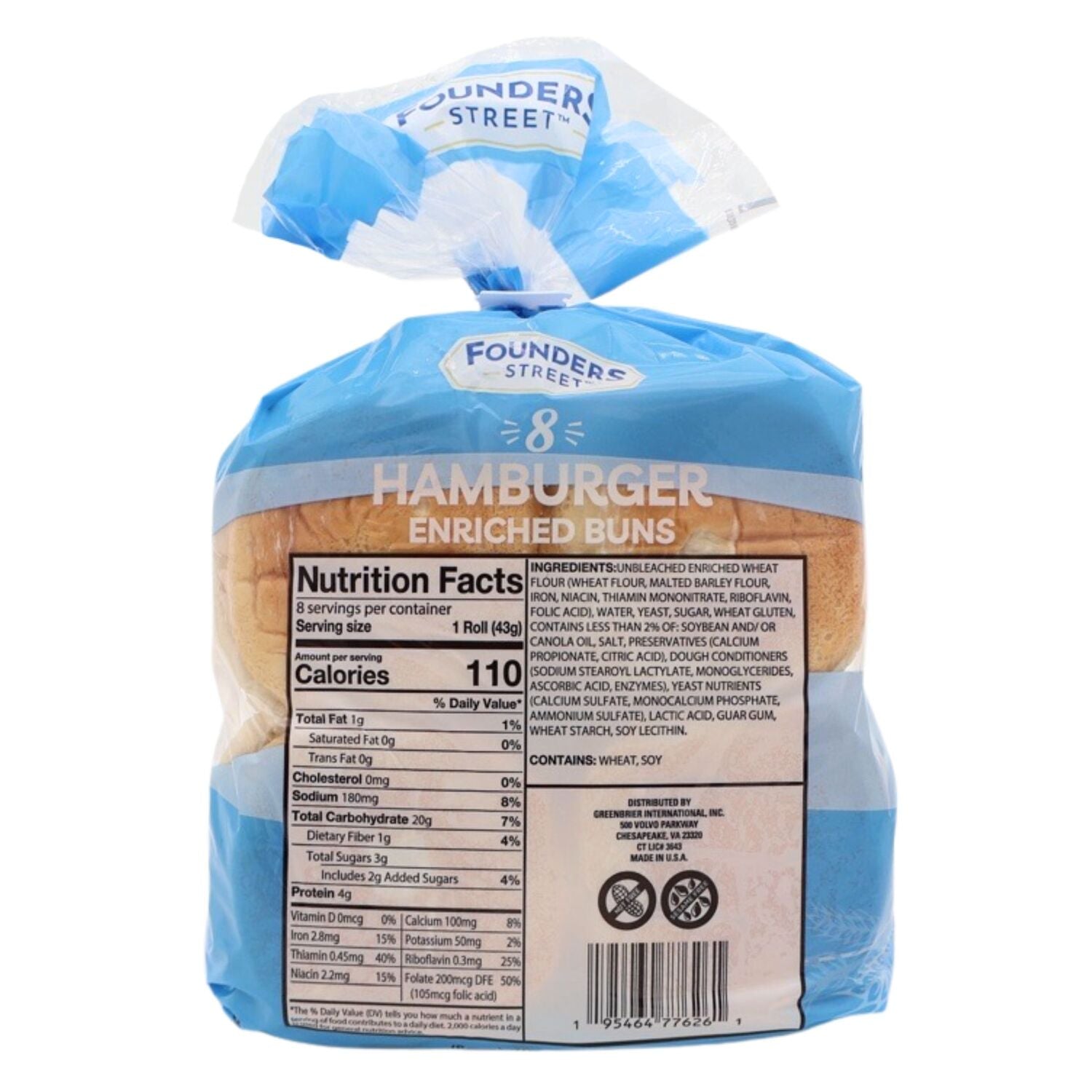 Founders Street Hamburger Enriched Buns, 8-pc Pack.