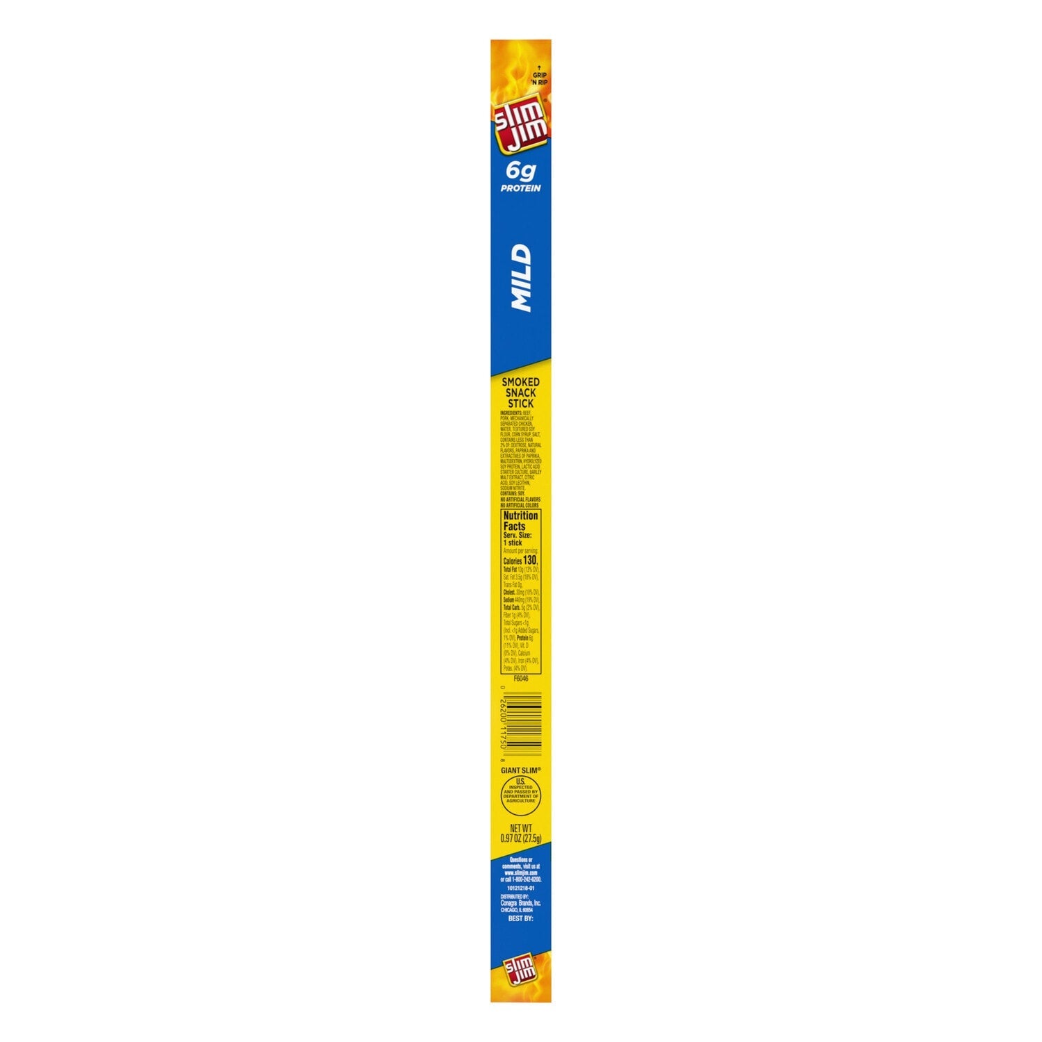 Slim Jim Giant Smoked Meat Sticks, Mild Flavor, 6g Protein Per Stick, 0.97 oz.