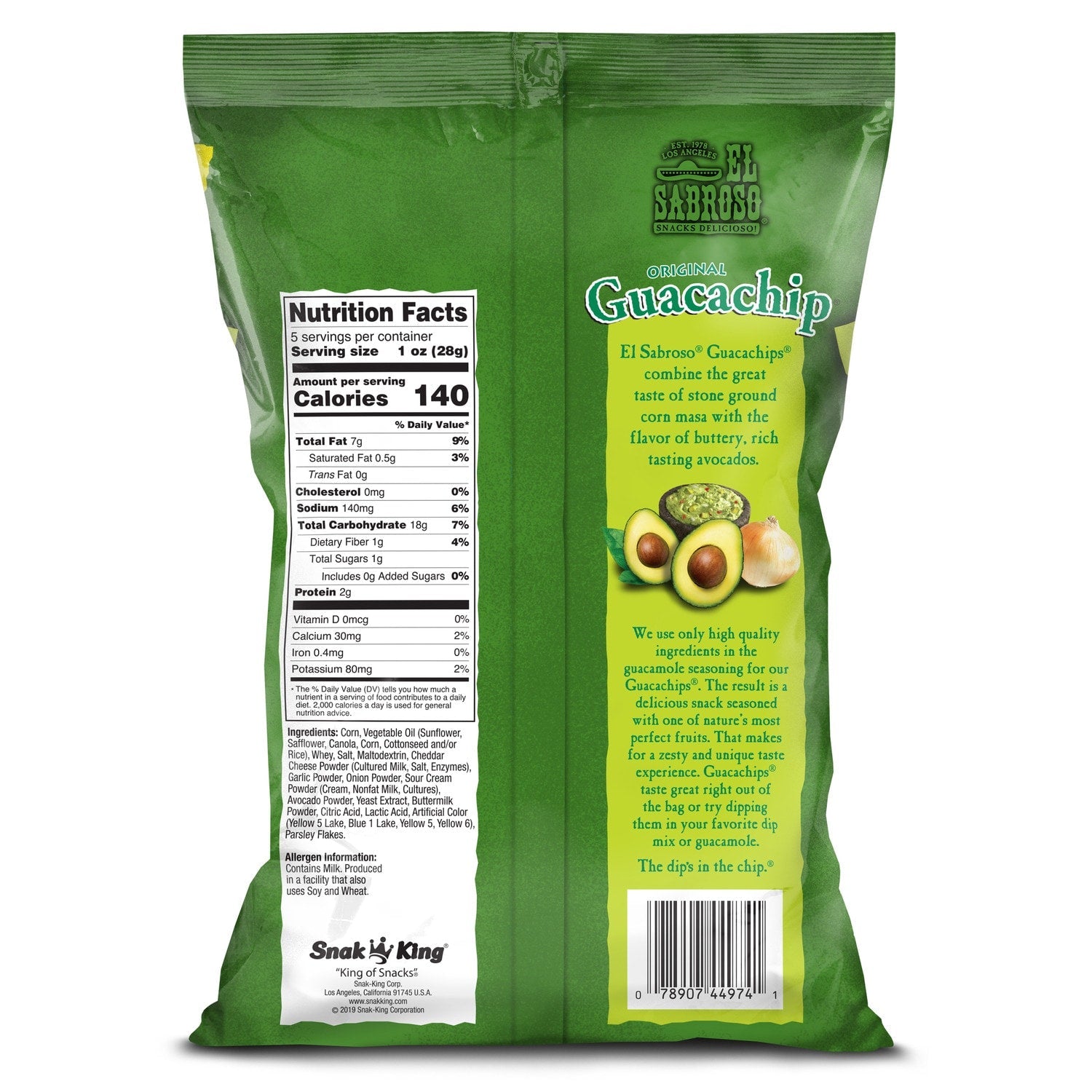 El Saboroso Guacachip Guacamole-Flavored Tortilla Chips, 5-oz. Bags