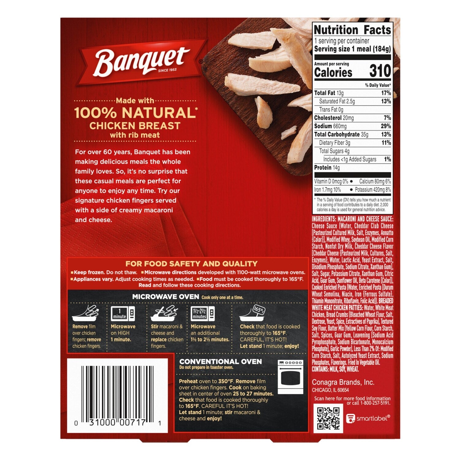 Conagra Brands Banquet Chicken Fingers with Mac &amp; Cheese Frozen Meal, 1-ct.