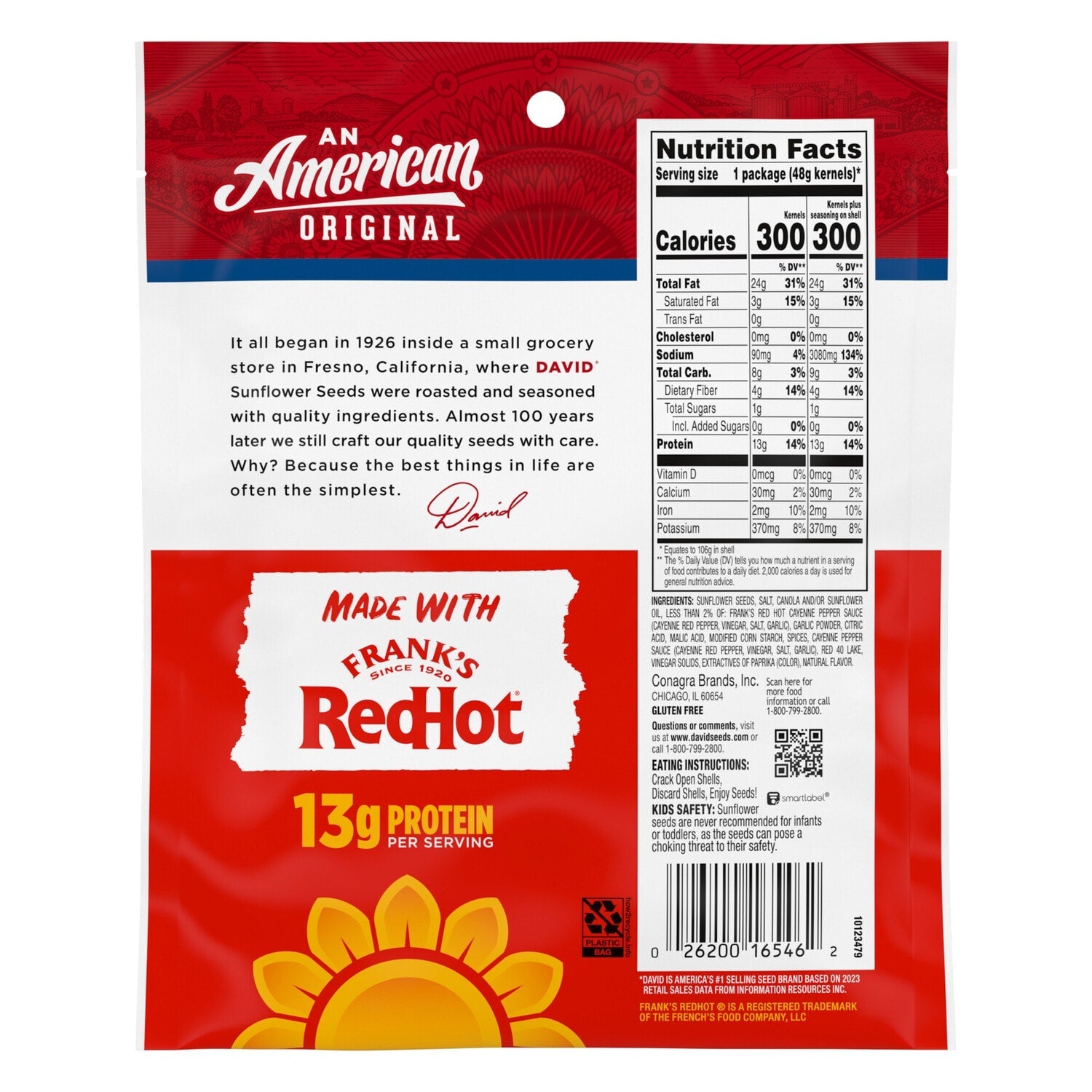 DAVID Jumbo Sunflower Seeds, Frank's RedHot Flavor, 3.75 oz.