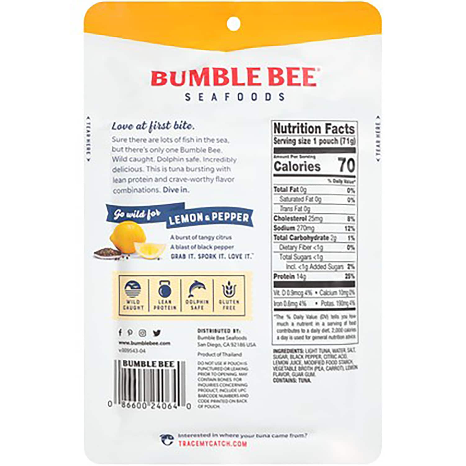 Bumble Bee Lemon and Pepper Seasoned Tuna, 2.5 oz. Pouches